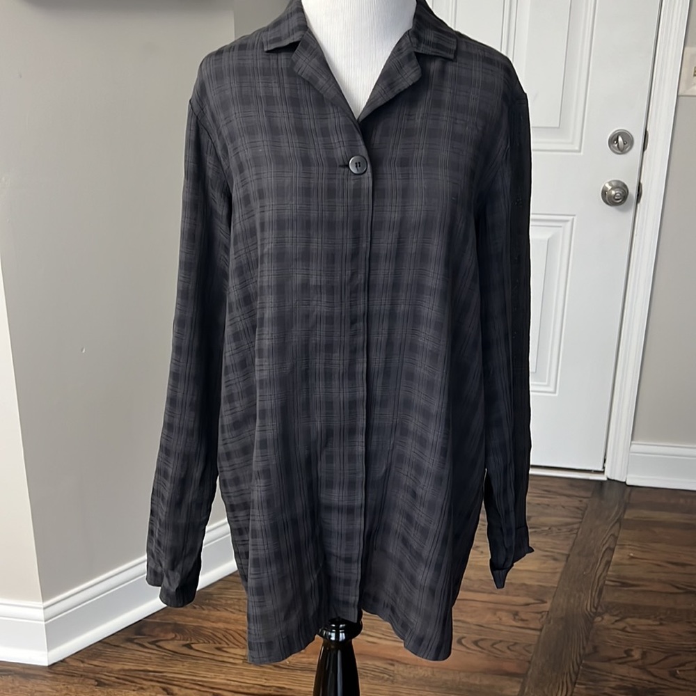Eileen Fisher Silk Blend One Button Cardigan Plaid Blouse